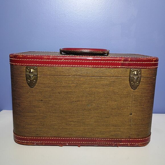 Vintage Skyway Tweed Train Case Cosmetic Luggage Red Lining Old Money Academia - Picture 2 of 14